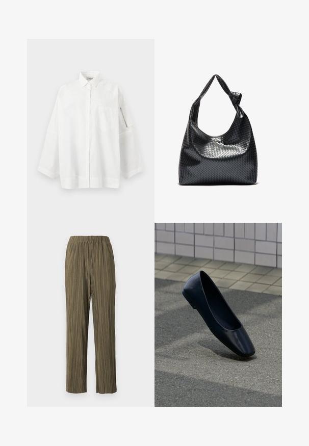 Chemise blanche surdimensionnée à boutons avec col, poche sur la poitrine gauche et poche zippée sur la manche gauche, sur un fond uni.; Pantalon ample couleur vert olive avec plis verticaux et taille élastique, présenté sur un fond gris neutre.; Chaussure plate en cuir noir debout sur une surface asphaltée près du bord d'un trottoir carrelé.; Sac à main en cuir tissé noir au design décontracté, avec une sangle nouée et une petite clou doré décoratif en haut.
