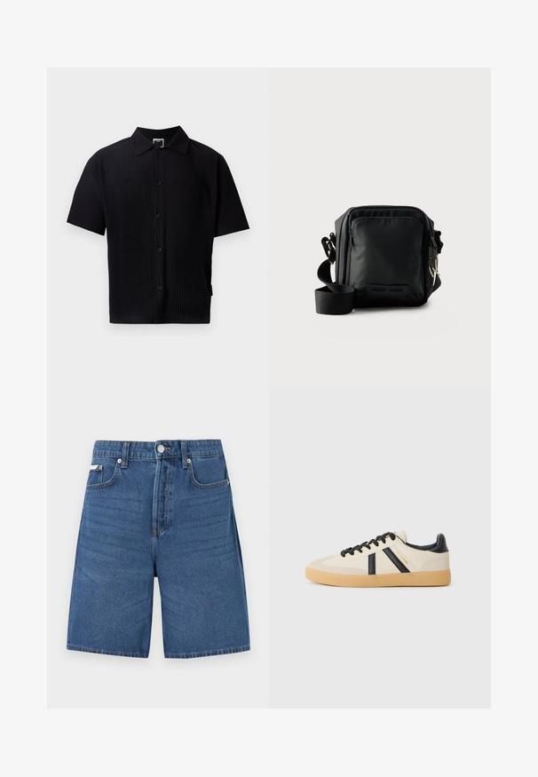 Sort kortærmet skjorte med ribbet struktur, klassisk krave, frontknapper og lige kant. Ingen synlige mønstre eller detaljer.; Lyseblå denimshorts med lynlås foran, knaplukning, bæltestropper og fem lommer, vist mod en ensfarvet hvid baggrund.; Casual sneakers i creme med sorte striber, med en tekstureret overdel og sål i gummigummi. Snørebåndene er sorte. Diskret logo på siden.; Sort kompakt crossbody taske med front lynlåslomme, justerbar rem og tekstureret stof mod en ensfarvet baggrund.