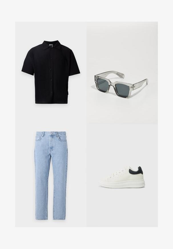 Schwarzes Kurzarmhemd mit gerippter Textur, klassischem Kragen, Vorderknöpfen und geradem Saum. Keine sichtbaren Muster oder Akzente.; Helle blaue Denim-Jeans mit geradem Schnitt, fünf Taschen und einem Knopfverschluss. Weiche Textur mit klassischem, ausgebleichtem Finish.; Weißer Ledersneaker mit schwarzem Fersenakzent, rundem Zehenbereich, flacher weißer Sohle und Schnürverschluss. Minimale Perforationen an den Seiten.; Klare, übergroße Sonnenbrillen mit dunklen Gläsern, ausgestattet mit einem massiven rechteckigen Rahmen und strukturierten Bügelakzenten. Hergestellt aus transparentem Kunststoff.