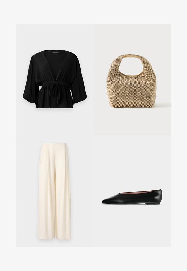 Blusa negra de tejido ligero, con un profundo escote en V, mangas anchas, un lazo en la cintura y un dobladillo acampanado.; Norma Kamali MENS PLEAT - Pantalones - cream; Zapato plano negro de cuero para mujer con punta puntiaguda y tacón bajo, mostrado de lado sobre un fondo liso gris claro.; Bolso pequeño de tono dorado cubierto de tachuelas redondas brillantes con un asa corta y un recorte rectangular en la parte superior.