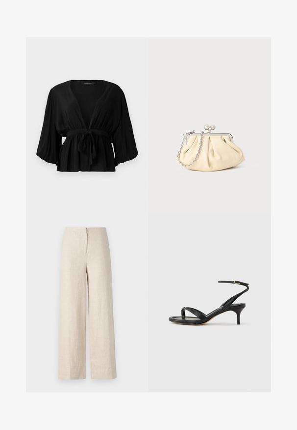 Blouse noire en tissu léger, avec un décolleté en V profond, des manches larges, un lien à la taille et un ourlet évasé.; Pantalons en lin beige à jambes larges avec une taille haute et une fermeture éclair dissimulée à l'arrière. Tissu lisse et respirant.; Sandale pour femme en cuir noir avec fines lanières, une boucle d'orteil, une boucle à la cheville et un talon aiguille de hauteur moyenne sur un fond neutre.; Pochette en cuir beige plissé avec un cadre en métal argenté, dotée de deux fermoirs ronds décoratifs et d'une chaîne en argent.