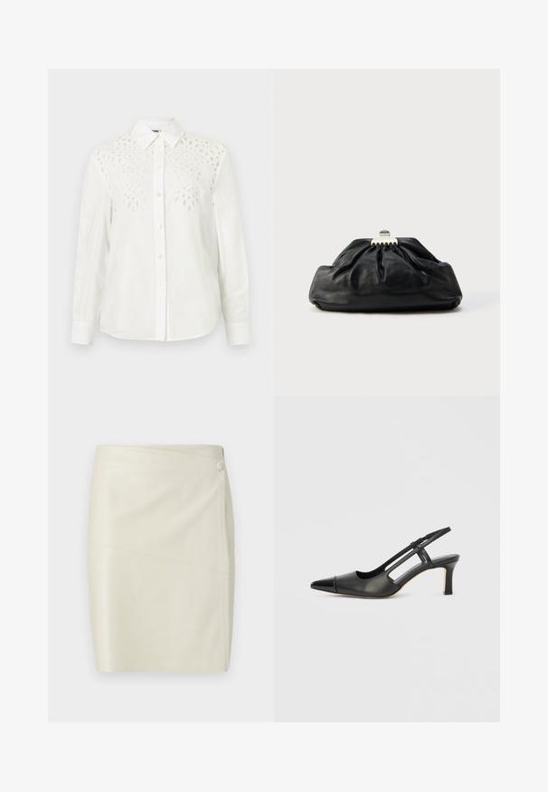 Chemise blanche à manches longues avec boutons, col pointu et motifs décoratifs découpés sur le haut devant et les épaules.; Jupe crayon en similicuir couleur crème avec une couture diagonale et une fermeture boutonnée recouverte sur le dessus.; Chaussure à bride arrière en cuir noir avec bout pointu, dotée d'un accent brillant sur le bout et d'un talon de hauteur moyenne. Design latéral ouvert.; Pochette en cuir noir avec une texture plissée, fermeture à fermoir métallique, et logo embossé discret sur le devant. Forme arrondie.