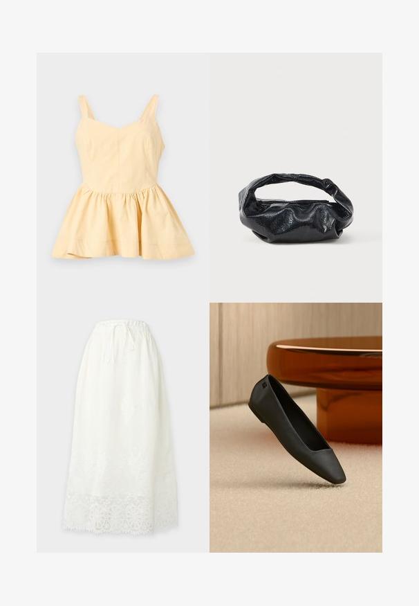 Haut sans manches jaune pâle avec larges bretelles et bas peplum froncé et évasé, présenté sur un fond blanc uni.; Jupe midi blanche avec taille élastique, lien coulissant, broderie florale subtile et ourlet en dentelle festonnée.; Chaussure plate noire à bout pointu reposant sur un tapis beige près d'une table ronde de couleur ambre dans un décor minimaliste.; Sac noir en matériau texturé et brillant avec une poignée circulaire torsadée et une fermeture éclair. Présente un design doux et froissé.