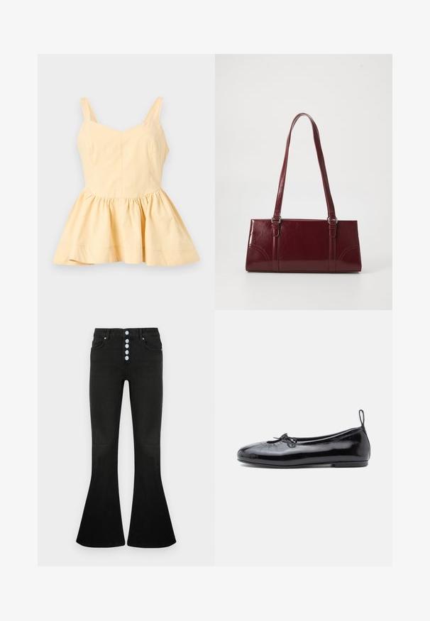 Haut sans manches jaune pâle avec larges bretelles et bas peplum froncé et évasé, présenté sur un fond blanc uni.; Jean évasé noir taille haute, braguette à cinq boutons, texture en denim doux et détails de coutures discrètes sur les poches et les coutures.; Ballerine en cuir verni noir avec un bout rond, un petit nœud décoratif et une texture lisse ; présente une semelle plate basse et une languette au talon.; Sac à main bordeaux en matériau brillant, de forme rectangulaire, avec deux anses et des accents légèrement courbés à l'avant.