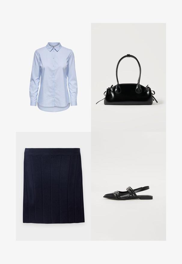 Chemise bleu à rayures, à col, à manches longues et à ourlet arrondi. Le tissu semble lisse et léger. Fermeture par boutons sur le devant.; Object OBJTHESS - Minijupe - sky captain; Even&Odd by Zalando Ballerines à brides arrière - black; Petit sac à main noir brillant avec deux longues anses et des détails à cordon sur les côtés sur un fond clair uni.