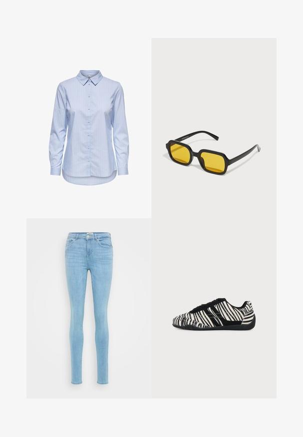 Chemise bleu à rayures, à col, à manches longues et à ourlet arrondi. Le tissu semble lisse et léger. Fermeture par boutons sur le devant.; Jean skinny bleu clair avec une texture lisse, doté d'une fermeture par bouton, de cinq poches et d'un léger délavage. Design en denim standard.; Baskets à lacets noires et blanches avec motif rayures zèbre et semelle noire texturée sur un fond clair uni.; Lunettes de soleil rectangulaires noires avec des verres jaunes. Les caractéristiques incluent des montures épaisses et un design anguleux avec une finition lisse et brillante.