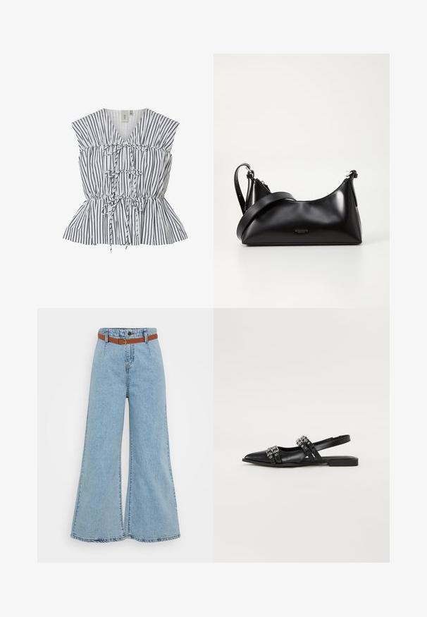 Stribet peplum top i hvid og sort. Har V-hals, samlet detalje og sløjfe accenter. Letvægtsstof med tekstureret finish.; Lyseblå bredbenede jeans med høj talje, elastikbånd og et kontrasterende brunt bælte. Har synlige sømme og en effekteret kant.; Even&Odd Slingback-ballerinasko - black; Sort læderhåndtaske med en glat tekstur. Har en justerbar stropp og et enkelt, minimalistisk design med lynlås.