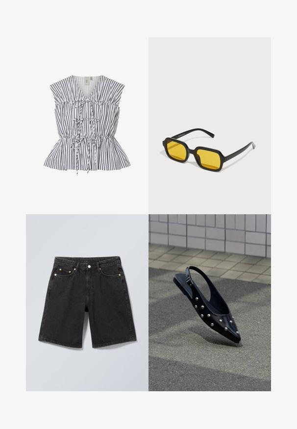 Haut peplum rayé en blanc et noir. Présente un décolleté en V, des détails froncés et des accents à nouer. Tissu léger avec une finition texturée.; Short en denim noir avec bouton à l'avant, passants pour ceinture et design à cinq poches, présenté sur un fond gris neutre.; Chaussure slingback noire à bout pointu avec des clous argentés, flottant au-dessus d'un bitume près d'un mur carrelé en arrière-plan.; Lunettes de soleil rectangulaires noires avec des verres jaunes. Les caractéristiques incluent des montures épaisses et un design anguleux avec une finition lisse et brillante.