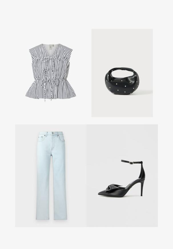 Stribet peplum top i hvid og sort. Har V-hals, samlet detalje og sløjfe accenter. Letvægtsstof med tekstureret finish.; Lys blå denim jeans med lige ben-design, der har fem lommer, bæltestropper og knaplukning i taljen.; Sort højhælet sko med spids tå, satin sløjfe og justerbar ankelrem med sølv hardware. Glat lædertekstur.; Sort læderhåndtaske med en rundet form, dekoreret med sølvnitter, og et kort håndtag. Glat tekstur og lynlåslukning.