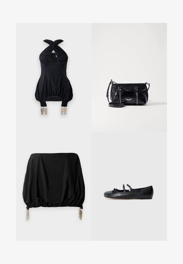 Sort halterneck-top med samlet stof, firkantet udskæring og elastiske detaljer. Har en lynlås foran og unikt dekorativt udstyr ved kanten.; Sort cropped top med en samlede design, med elastisk kant og metalliske clips som detaljer. Fremstillet af et letvægtsstof.; Sort læder ballet flade sko med et åbent design, har to dekorative stropper og en sløjfedetalje på tåen, flad sål. Glat tekstur.; Sort faux læder crossbody taske med lynlåslommer, et dekorativt sølv emblem og en justerbar rem. Glossy tekstur og kompakt form.