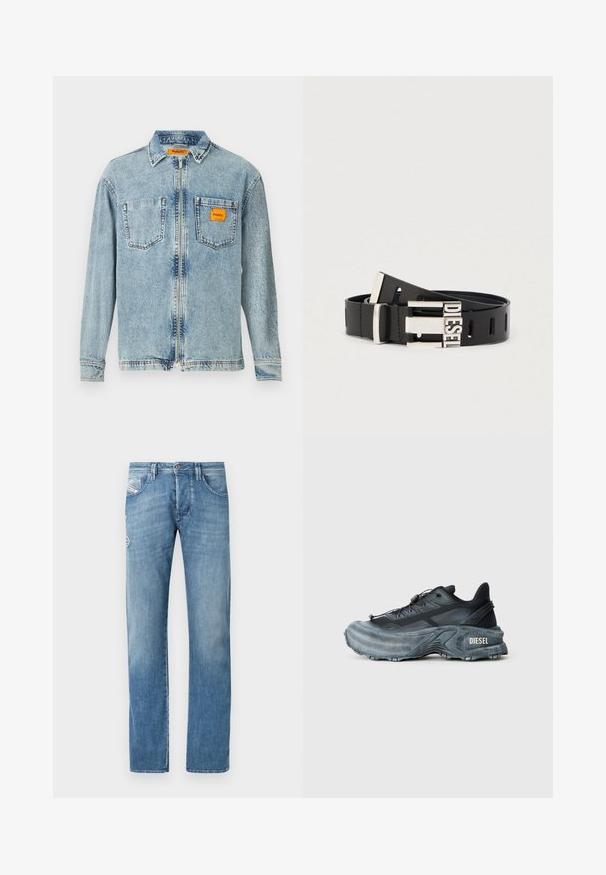 Helefrontse lukuga helesinine denim jakker, kahe rindkere taskuga ja väikese oranži Replay Inc. etiketi avaga paremas taskus ja kraes.; Hele sinised teksapüksid sirge säärmega, millel on nööpidega eesmine sulgemine, viis taskut ja tagasi taskutel peened õmblused.; Mustade ja hallid Diesel ketsid paksu tallaga, nööriga lukuga ja tekstuurse mustriga, tavalise heleda halli tausta ees.; Must nahast vöö hõbedase metallist pandlaga, millel on sõna "DIESEL." Vööl on mitu reguleerimisaasa kogu pikkuses.