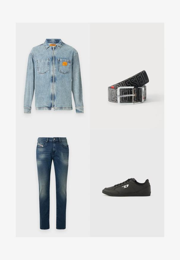 Lichtblauwe denim jas met een volledige rits aan de voorkant, twee borstzakken en een klein oranje Replay Inc. label op de rechterzak en de kraag.; Donkerblauwe spijkerbroek met een vervaagde wassing, recht model en een licht beschadigde knie. Voorzien van voorzakken en een metalen knoopsluiting.; Zwarte sneakers van synthetisch materiaal met een geribbelde zwarte zool, ronde neus en vlakke zwarte veters. Opvallend wit logomerk aan de buitenzijde.; Zwarte Diesel-riem met grote witte logotekst, rechthoekige zilveren gesp en merkmetal lusdetail, opgerold op een lichte achtergrond.