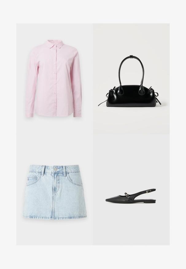 Roze gestreepte overhemden met knoopsluiting, een kraag en lange mouwen. Gemaakt van lichtgewicht stof met een gladde textuur.; Lichtblauwe denim mini-rok met een knoopsluiting aan de voorkant, riemlussen en voorzakken, getoond op een witte achtergrond.; Zwarte leren slingback schoenen met een spitse neus, voorzien van een smalle band en een zilveren gesp aan de zijkant. Platte zool.; Kleine zwarte glanzende handtas met twee lange hengsels en zijkant trekkoord details op een effen lichte achtergrond.