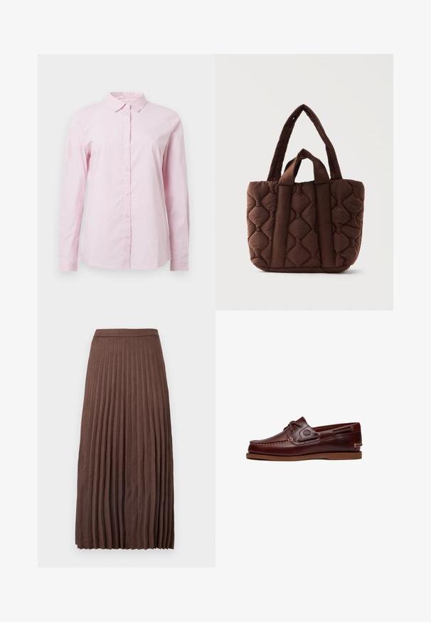 Roze gestreepte overhemden met knoopsluiting, een kraag en lange mouwen. Gemaakt van lichtgewicht stof met een gladde textuur.; Bruine plissé midi rok van textiel met een fitted tailleband en verticale plooien die van de taille tot de zoom lopen.; Bruine leren boot schoen met veters, stiksel details en Timberland-logo aan de zijkant, weergegeven op een witte achtergrond.; Bruine gewatteerde stoffen draagtas met twee lange en twee korte handvatten, met een golvend stikselpatroon en rechthoekige vorm.