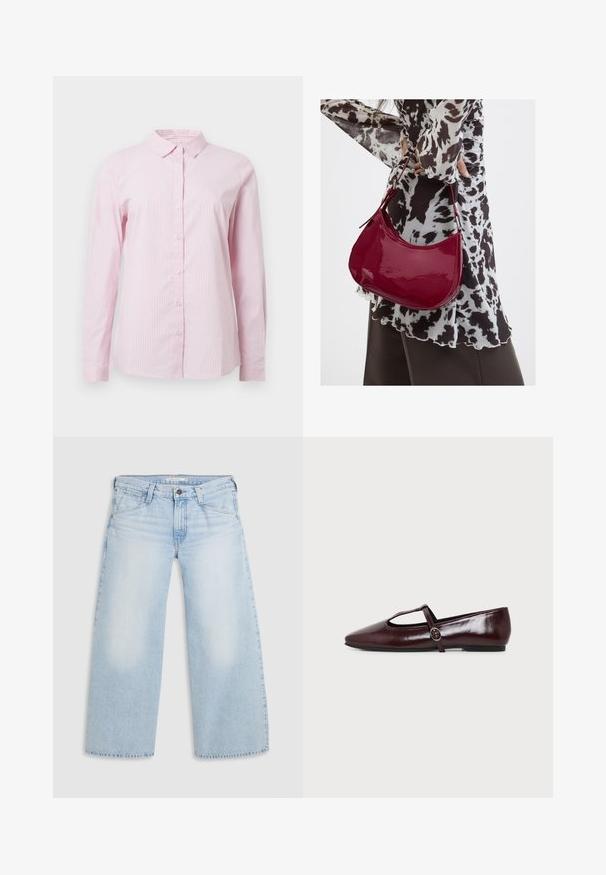 Roze gestreepte overhemden met knoopsluiting, een kraag en lange mouwen. Gemaakt van lichtgewicht stof met een gladde textuur.; Lichtblauwe wijde jeans gemaakt van denim. Kenmerken zijn een rechte snit, een vijfzakkenontwerp en een knoopsluiting aan de taille.; Donker bordeauxrode leren platte schoen met een puntige neus en een dunne T-strap met een zilveren gesp op een witte achtergrond.; Vrouw met een zwart-wit gebloemde blouse houdt een glanzende rode schoudertas vast tegen een effen achtergrond.