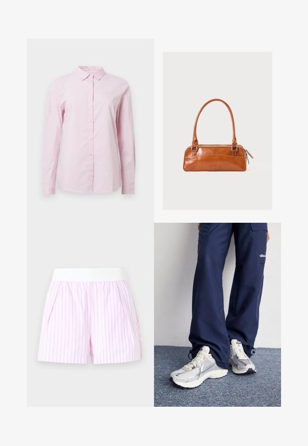 Roze gestreepte overhemden met knoopsluiting, een kraag en lange mouwen. Gemaakt van lichtgewicht stof met een gladde textuur.; Wit-roze gestreepte shorts met een brede witte elastische tailleband en zijzakken tegen een effen achtergrond.; Nike hardloopschoenen met een zilveren mesh bovenkant, witte accenten en structuurzolen, gecombineerd met luchtige navy broeken.; Bruine leren schoudertas met een slank rechthoekig ontwerp, dubbele handvatten en een bovenste ritssluiting. Bevat subtiele stiksels en een logo-detail.