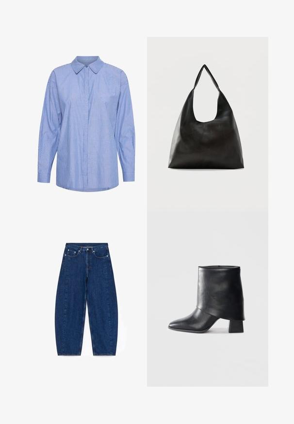 Langsleeve shirt gemaakt van katoen, met een blauw-wit gestreept patroon, klassieke kraag, knoopsluiting aan de voorkant en een relaxte pasvorm.; Donkerblauwe denim wijde pijpen jeans met een hoge taille, vijf zakken en zilverkleurige hardware. Heeft zichtbare stiksels en een gladde textuur.; Zwarte leren enkellaars met een spitse neus, een zachte textuur en een gestructureerde blokhak. Kenmerkt zich door een hoge, gevouwen kraag.; Zwarte schoudertas van glad leer met een brede, enkele band en een nonchalant, minimalistisch ontwerp tegen een effen achtergrond.