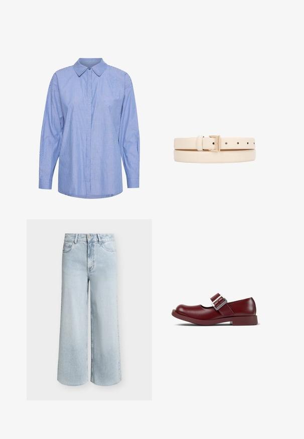 Langærmet skjorte lavet af bomuld, med et blåt og hvidt stribet mønster, klassisk krave, knaplukning foran og afslappet pasform.; Lyseblå vidbenede denimjeans med høj talje, forreste knap og lynlås samt fem-lommer-stil på hvid baggrund.; Flad burgunderfarvet Mary Jane-sko med en bred sølvspænde og en rund tå på en hvid baggrund.; Cremefarvet læderbælte med en blank tekstur, der har en spænde i guldmetal og flere justeringshuller til størrelsesindstilling.