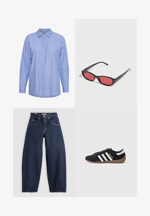 Langsleeve shirt gemaakt van katoen, met een blauw-wit gestreept patroon, klassieke kraag, knoopsluiting aan de voorkant en een relaxte pasvorm.; Donkerblauwe denim jeans met een losse fit, lichte stiksels, vijf zakken en een knoopsluiting op de taille.; Zwarte suède sneaker met drie witte strepen, een rubberen gumzool en een klein gouden logo aan de zijkant. Heeft een gladde zwarte binnenvoering.; Zwarte ovale zonnebril met slanke pootjes en rood getinte glazen, rustend op een witte ondergrond.
