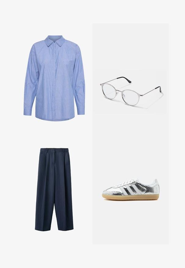 Chemise à manches longues en coton, avec un motif rayé bleu et blanc, un col classique, une fermeture à boutons sur le devant et une coupe décontractée.; Pantalon large à rayures fines bleu marine avec passants pour ceinture et poches latérales, confectionné avec un pli sur le devant et une fermeture éclair.; Baskets basses avec texture en cuir de serpent métallique argenté, rayures blanches, lacets blancs et semelle en gomme claire sur fond blanc.; Lunettes en métal argenté avec des verres ronds et une fine monture. Les embouts de branches noirs offrent un contraste. Plaquettes de nez ajustables incluses.