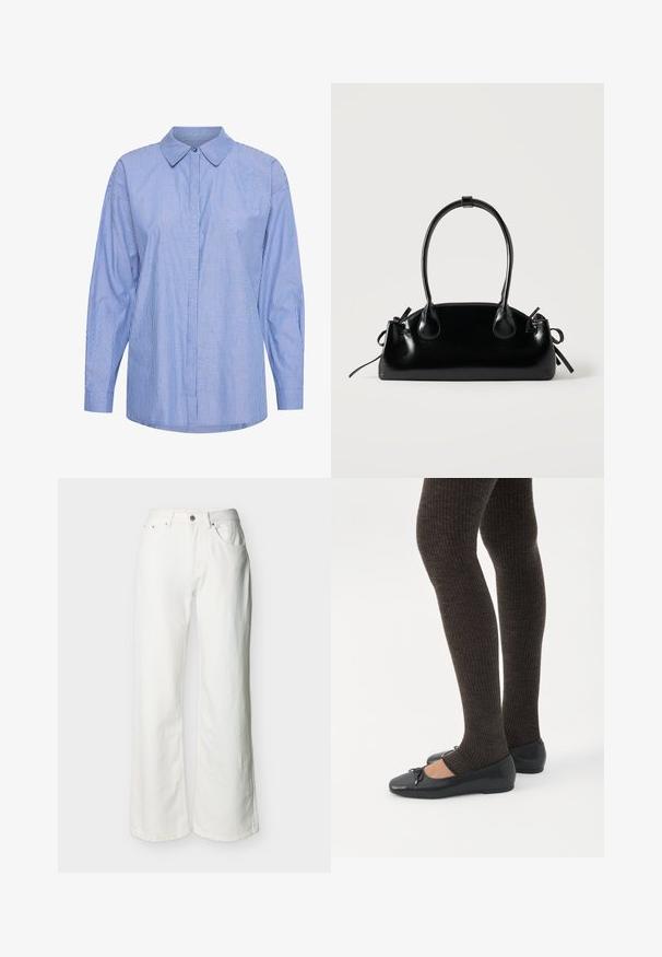 Langærmet skjorte lavet af bomuld, med et blåt og hvidt stribet mønster, klassisk krave, knaplukning foran og afslappet pasform.; Hvide jeans med høj talje, knap- og lynlåslukning, forlommer og let udvidede ben, vist på en ensfarvet baggrund.; Ben iført mørke ribbede leggings kombineret med sorte balletsko med små sløjfedetaljer på hvid baggrund.; Lille sort blank håndtaske med to lange håndtag og snøre-detaljer i siden på en ensfarvet lys baggrund.