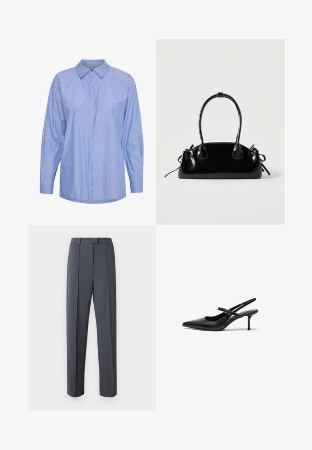 Chemise à manches longues en coton, avec un motif rayé bleu et blanc, un col classique, une fermeture à boutons sur le devant et une coupe décontractée.; Un pantalon gris sur mesure présente une coupe droite, un devant plissé et une texture lisse. La ceinture est équipée de passants pour une adaptation ajustable.; Talons aiguilles noires en cuir avec un bout pointu, une fine bride réglable, et un talon aiguille d'environ 5 cm, texture lisse.; Petit sac à main noir brillant avec deux longues anses et des détails à cordon sur les côtés sur un fond clair uni.