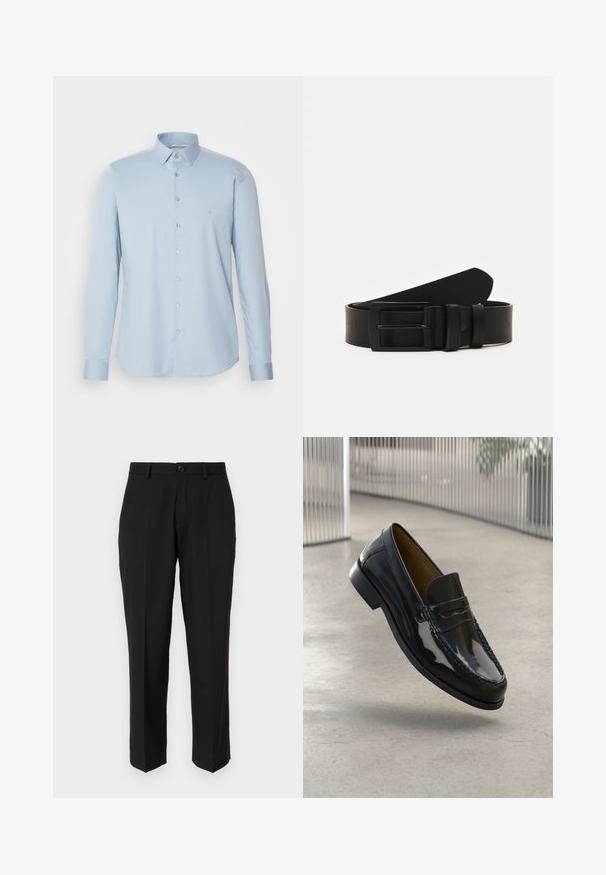 Chemise à manches longues bleu clair, en tissu lisse, avec un col classique et un petit logo brodé sur la poitrine.; Pantalon noir en tissu lisse, présentant une coupe droite, des poches avant, un bouton simple de fermeture et sans motifs visibles.; Mocassin en cuir verni noir avec un accent cousu, bout rond, petit talon et surface lisse, présenté sur un fond neutre.; Ceinture en cuir noir roulée avec une boucle en métal rectangulaire noir mat et deux passants sur fond blanc.