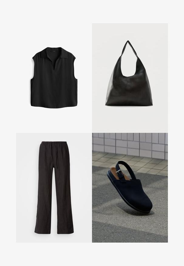 Schwarze ärmellose Bluse mit Kragen, mit V-Ausschnitt und weichem, strukturiertem Stoff. Lockere Passform und gerader Saum.; Schwarze, locker sitzende Hosen mit einem elastischen Bund und Zugband. Hergestellt aus einem leichten Stoff mit glatter Textur und geraden Beinen.; Schwarzer geschlossener Slingback-Schuh mit silberner Schnallenriemen, brauner Innensohle, schwebend über grauem Asphalt mit gefliestem Wandhintergrund.; Schwarze, glatte Leder-Schultertasche mit einem breiten, einzelnen Riemen und einem lässigen, minimalistischen Design vor einem einfarbigen Hintergrund.