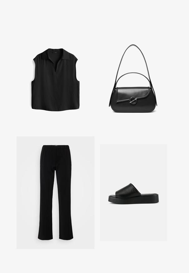 Schwarze ärmellose Bluse mit Kragen, mit V-Ausschnitt und weichem, strukturiertem Stoff. Lockere Passform und gerader Saum.; Schwarze Hose mit ausgestelltem Design, hergestellt aus einem glatten Stoff. Verfügt über einen elastischen Bund für Komfort und eine saubere, schlichte Silhouette.; Schwarzer Slip-On Plateau-Sandale mit breitem Lederobermaterial und dicker Sohle, seitlich auf grauem Hintergrund gezeigt.; Schwarze Lederschultertasche mit einer geschwungenen Klappe, die durch einen runden Metallverschluss gesichert ist, und einem schlanken, verstellbaren Riemen.