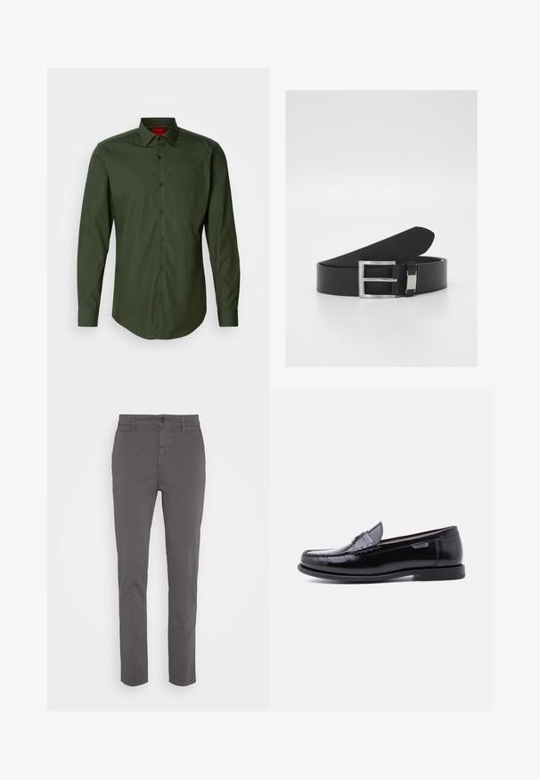 Mørkegrøn langærmet skjorte lavet af glat bomuld, med en klassisk krave, sorte knapper og en buet kant. Rødt brandlogo på kraven.; Grå chinos med en slim fit, lavet af åndbart bomuld. Har en knaplukning og sidelommer, med en glat, mat finish.; Sorte læderloafer med en blank finish, der har et syet mønster på tåen og en lav, tekstureret sort gummisål.; Sort læderbælte med en slank, glat tekstur, der har en sølvmetalspænde og en subtil brandingdetalje.