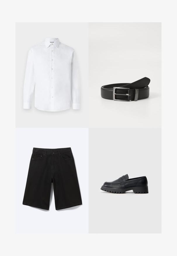 Weißes Langarmhemd mit klassischem Kragen, durchgehendem Knopfverschluss und abgerundetem Saum. Hergestellt aus glattem Baumwollstoff ohne Muster.; Schwarze knielange Jeansshorts mit Frontknopf, Gürtelschlaufen und fünf Taschen, dargestellt vor weißem Hintergrund.; Schwarze Leder-Loafer mit abgerundeter Schuhspitze, ausgestattet mit einem dekorativen Riemen und einer robusten Gummisohle mit tiefem Profil für besseren Halt.; Schwarzer Ledergürtel mit einer silbernen Metallschnalle, der eine glatte Oberfläche und ein klassisches Design aufweist. Der Gürtel ist ordentlich gefaltet.