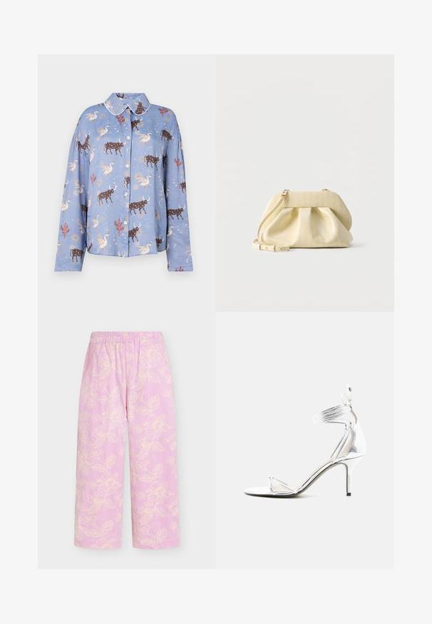 Chemise à manches longues bleu clair avec un motif de taureaux bruns, de cygnes et d'éléments célestes ; fermeture par boutons et col contrasté.; Pantalon large rose clair avec de fines rayures verticales et un délicat motif floral crème, avec une taille élastique.; Sandale à talon haut argentée avec fines brides, tour de cheville et talon aiguille fin sur fond blanc uni.; Petit sac à main en cuir jaune pâle avec devant froncé, ferrures dorées et bandoulière réglable sur fond blanc.