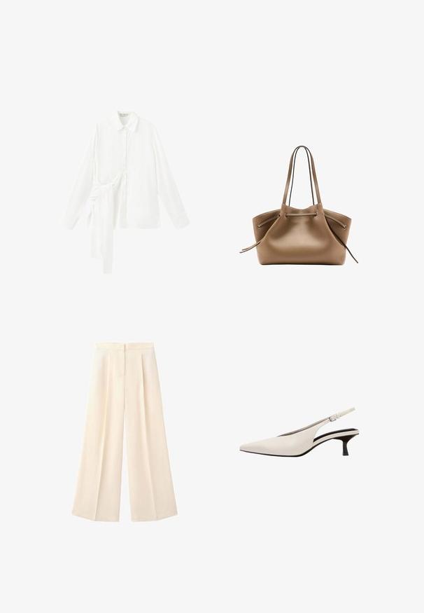 Chemise blanche à manches longues avec col pointu et détail de nouage asymétrique en tissu sur le côté gauche.; Pantalon crème taille haute à jambes larges avec plis devant et fermeture dissimulée par boutons et zip.; Chaussure slingback en cuir blanc à bout pointu avec petit talon et bride de cheville ajustable avec boucle argentée.; Sac cabas en cuir marron avec longues bandoulières et détail à cordon de serrage des deux côtés, légèrement ouvert en haut.