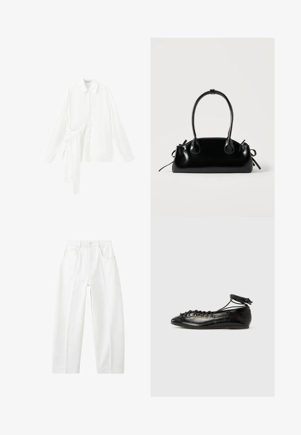Chemise blanche à manches longues avec col pointu et détail de nouage asymétrique en tissu sur le côté gauche.; Jean blanc à taille haute, coupe droite, avec poches avant, passants pour ceinture et fermeture par bouton.; Ballerines en cuir verni noir avec un bout rond, un design à lacets et une semelle plate. Texture lisse avec peu de détails.; Petit sac à main noir brillant avec deux longues anses et des détails à cordon sur les côtés sur un fond clair uni.