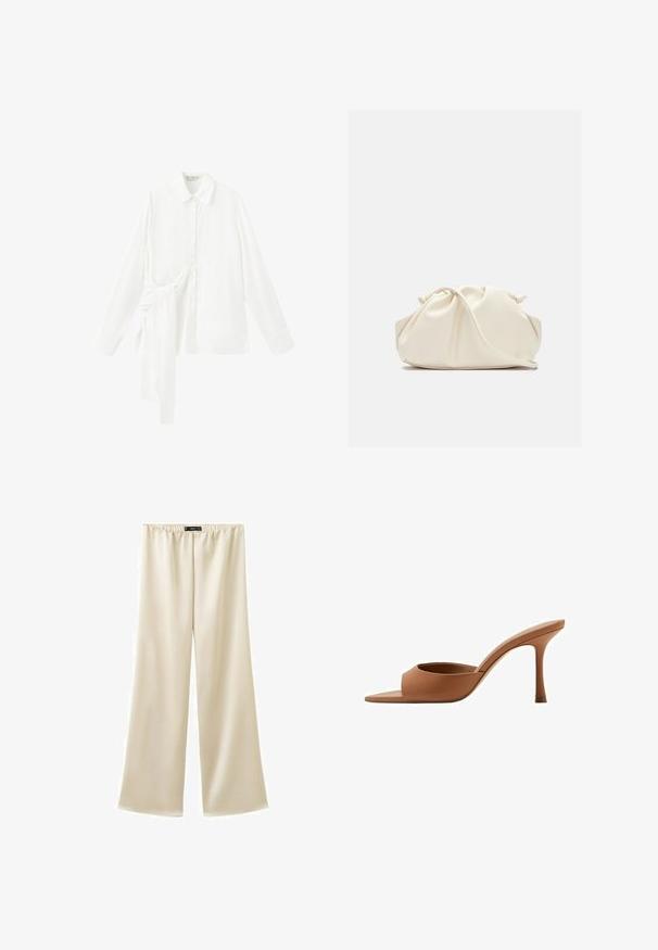 Chemise blanche à manches longues avec col pointu et détail de nouage asymétrique en tissu sur le côté gauche.; Pantalon à jambes larges couleur crème avec taille élastique, fabriqué à partir d'un tissu doux et fluide, conçu pour un port décontracté et confortable.; Mule ouverte en cuir marron avec un talon haut fin et une large bride à l'avant, vue de profil sur fond blanc.; Pochette en cuir souple couleur crème avec un design froncé et une fine bandoulière reposant à l’avant sur un fond uni.