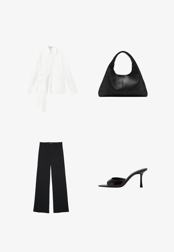 Chemise blanche à manches longues avec col pointu et détail de nouage asymétrique en tissu sur le côté gauche.; Pantalon noir à jambes larges avec passants de ceinture, bouton frontal et fermeture éclair, étalé à plat sur un fond blanc.; Mules à talons hauts en cuir verni noir avec un bout carré et un design ouvert. Le talon est élancé et présente une finition brillante.; Sac à main en cuir noir texturé avec une base large et des anses épaisses et arrondies, présentant une couture verticale centrale et des détails de surpiqûres subtils.