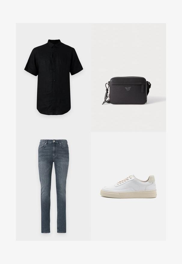 Chemise noire à manches courtes en lin, avec un col standard, un devant à boutons, un ourlet incurvé et une texture lisse.; Jeans en denim bleu foncé, slim-fit, avec une finition délavée, des poches avant et une fermeture à bouton traditionnelle. Texture lisse et jambe droite.; Sneaker blanche avec un dessus en cuir lisse, des lacets beige et un onglet de talon en daim beige texturé. Semelle surélevée pour une hauteur supplémentaire.; Sac bandoulière en textile noir avec fermeture à glissière, comportant une poche avant, un logo en accent et une sangle réglable. Surface texturée, forme rectangulaire.