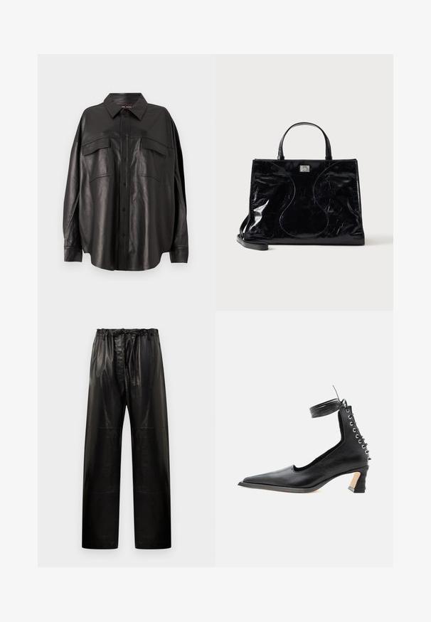 Chemise en cuir noir avec un devant à boutons, un col pointu et deux poches poitrine. Elle présente une coupe ample et une texture lisse.; Pantalons en cuir noir avec une coupe décontractée, taille élastique et cordon de serrage. Présente une texture lisse et un design à jambes larges.; Chaussure noire en cuir à talon bas avec bout pointu, détail lacé à l'arrière et bride autour de la cheville sur un fond blanc uni.; Sac à main en cuir noir brillant avec poignées courtes, bandoulière amovible et détails de couture discrètement courbés à l’avant.