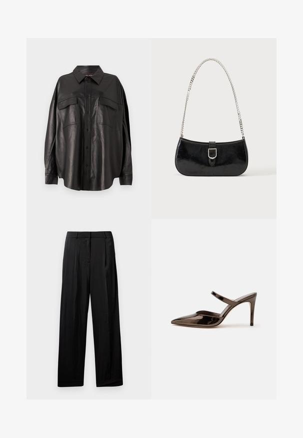 Chemise en cuir noir avec un devant à boutons, un col pointu et deux poches poitrine. Elle présente une coupe ample et une texture lisse.; Pantalon large noir en tissu lisse, avec des plis avant, des passants de ceinture et une fermeture éclair.; Mule à talon haut marron foncé brillant à bout pointu avec une fine bride sur le coup de pied sur fond blanc uni.; Sac à épaule en cuir verni noir avec détail de boucle argentée et bandoulière en chaîne argentée, présenté sur un fond uni clair.