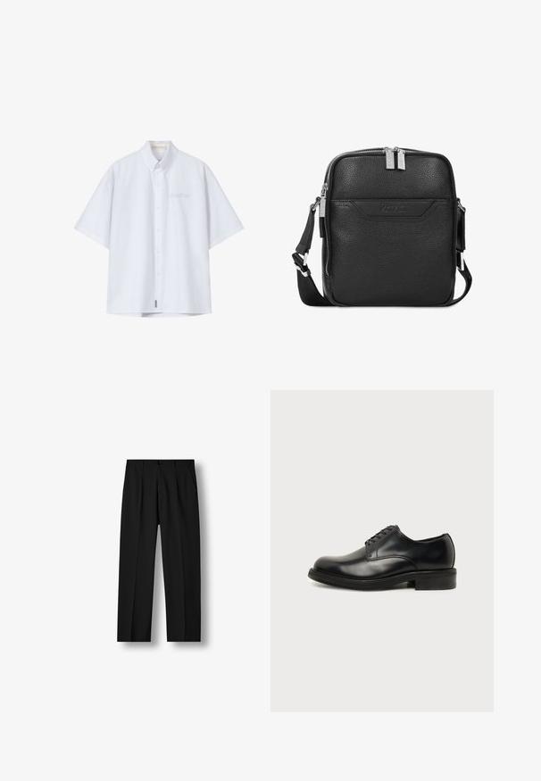 Chemise blanche à manches courtes avec col, boutonnée sur le devant, et texte brodé discret sur la poitrine gauche indiquant "another."; Pantalon noir droit avec plis devant, taille boutonnée et poches latérales sur un fond blanc uni.; Chaussure de ville pour homme en cuir noir poli avec laçage fermé, bout rond et petit talon sur un fond clair uni.; Sac bandoulière en cuir noir avec une texture granuleuse, doté d'une fermeture à glissière sur le dessus, d'une bandoulière réglable et d'un accent logo discret sur le devant.