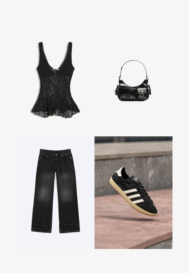 Haut sans manches en dentelle noire avec un décolleté profond en forme de U et un ourlet évasé, présentant un motif floral en dentelle et un tissu semi-transparent.; Jean noir à jambes larges avec cinq poches et des détails délavés sur les cuisses et les genoux, posé à plat sur un fond blanc.; Baskets Adidas noires avec des bandes blanches et une semelle beige, capturées en plein air au-dessus d'une surface en pierre et d'un mur en pierre en arrière-plan.; Sac à main en cuir verni noir avec une forme incurvée, une bandoulière, des poches avant et des accents en métal argenté.