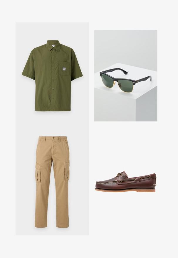 Chemise à manches courtes en tissu vert olive avec un col boutonné, dotée d'une poche poitrine avec un écusson gris du logo GAP.; Pantalons cargo beiges avec deux poches latérales, une fermeture par bouton, un design droit et un tissu doux et texturé.; Chaussure bateau en cuir marron avec coutures blanches, détails de lacets et semelle en caoutchouc beige, vue de côté sur fond blanc.; Lunettes de soleil Ray-Ban avec des verres verts, monture en plastique noir et accents dorés sur les bords. Forme carrée avec une finition mate.