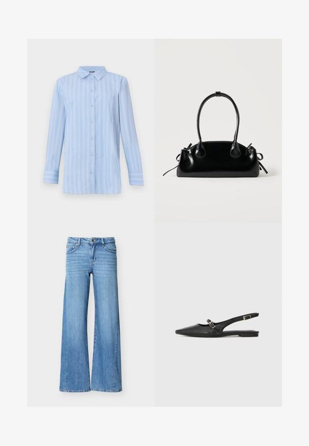 Lichtblauw overhemd met lange mouwen en knopen, met witte verticale strepen en een spitse kraag, weergegeven op een egale achtergrond.; Lichtblauwe denim jeans met een hoge taille, knoop- en ritssluiting, voorzakken en wijde pijpen.; Zwarte leren slingback schoenen met een spitse neus, voorzien van een smalle band en een zilveren gesp aan de zijkant. Platte zool.; Kleine zwarte glanzende handtas met twee lange hengsels en zijkant trekkoord details op een effen lichte achtergrond.