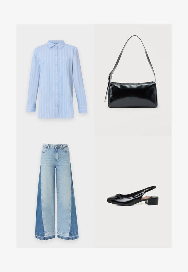 Chemise bleu clair à manches longues avec boutons, rayures blanches verticales et col pointu, présentée sur un fond uni.; Jean à jambe large avec des panneaux avant bleu clair et des panneaux latéraux bleu foncé, équipé d'une fermeture à bouton et fermeture éclair avec passants pour ceinture.; Chaussure slingback en cuir verni noir avec petit talon bloc et petit nœud sur l'avant arrondi, vue de profil sur fond blanc.; Sac d'épaule rectangulaire noir avec une sangle réglable unique et une fermeture éclair supérieure sur un fond uni.