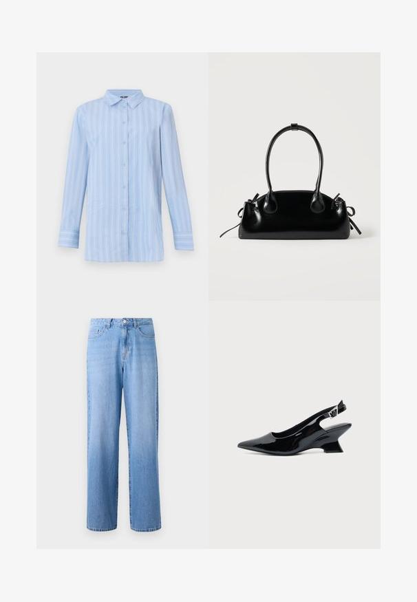Chemise bleu clair à manches longues avec boutons, rayures blanches verticales et col pointu, présentée sur un fond uni.; Jean en denim bleu clair à jambes larges avec une taille haute, cinq poches et une fermeture à bouton classique. Le tissu a une texture légèrement décolorée.; Chaussure slingback en cuir verni noir avec bout pointu et petit talon bloc incliné sur fond clair uni.; Petit sac à main noir brillant avec deux longues anses et des détails à cordon sur les côtés sur un fond clair uni.