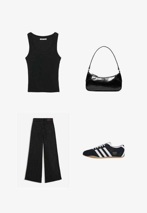 Débardeur noir côtelé sans manches avec un col rond et un ourlet droit, étiquette à l'intérieur du dos du cou.; Jean en denim noir à jambes larges vu de dos avec deux poches arrière et des passants de ceinture à la taille.; Sneakers en suede noir avec trois bandes blanches, logo doré et semelle en caoutchouc marron. Présente un design à lacets à profil bas.; Sac à épaule en cuir noir brillant avec un seul compartiment zippé et une fine bandoulière arquée.