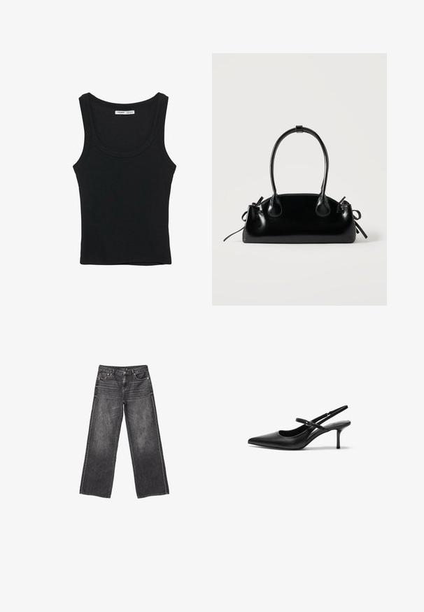 Schwarzes, geripptes ärmelloses Tanktop mit rundem Ausschnitt und geradem Saum, Etikett im Nackeninnenteil.; Dunkelgraue weite Jeans aus Denim mit Vorder- und Hintertaschen, Knopfverschluss und dezentem, ausgewaschenem Detail.; Schwarze Leder Slingback-Absätze mit einer spitzen Zehenform, schmalem verstellbarem Riemen und einem etwa 5 cm hohen Stiletto-Absatz, glatte Textur.; Kleine schwarze glänzende Handtasche mit zwei langen Griffen und seitlichen Kordelzug-Details vor einfachem hellem Hintergrund.