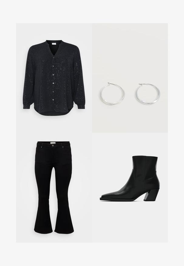 Chemise noire à manches longues avec un col en V, ornée de paillettes argentées, fermée par des boutons à l'avant, et dotée d'un ourlet arrondi, fabriquée en tissu doux.; Jeans évasés noirs en denim doux, avec une taille cintrée, des poches avant et un ourlet évasé pour un ajustement décontracté.; Bottine en cuir noir avec un bout pointu, une silhouette élégante et un talon carré massif. Texture lisse avec des détails de couture minimalistes.; Boucles d’oreilles créoles en métal argenté avec une surface lisse légèrement incurvée et des fermoirs à clapet sur un fond blanc uni.