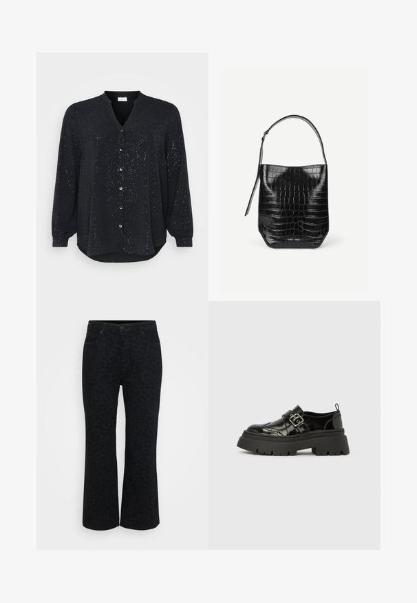 Zwarte lange mouwen shirt met een V-hals, voorzien van zilveren spetters, een knoopsluiting aan de voorkant en een gebogen zoom, gemaakt van zachte stof.; Zwarte luipaardprint flare jeans met vijf zakken, knoopsluiting, ritssluiting en textiel met structuur. Bevat een subtiel dierenpatroon.; Zwarte loafers van lakleer met een dikke grofprofielzool, brogue-details en een zilveren gespband over de wreef.; Zwarte embleem van krokodillenleer met een enkele schouderriem en een klein zilveren merkembleem aan de onderkant van de voorkant.