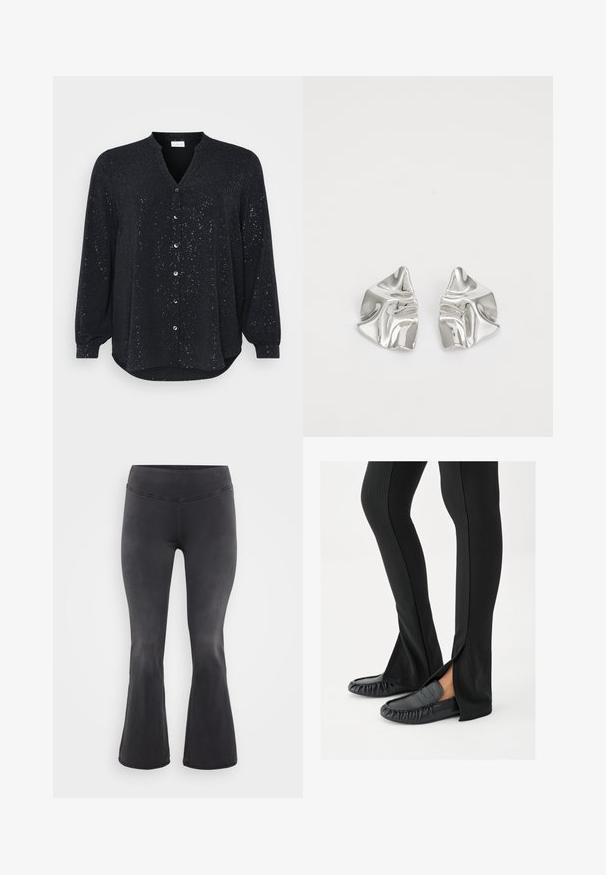 Zwarte lange mouwen shirt met een V-hals, voorzien van zilveren spetters, een knoopsluiting aan de voorkant en een gebogen zoom, gemaakt van zachte stof.; ONLY Carmakoma Flared fit CARROYAL Mid waist - Flared Jeans - washed black; Benen met zwarte wijde broeken met zijopeningen, gecombineerd met zwarte leren mocassins, op een witte achtergrond.; Zilveren metalen oorbellen met een golvend, sculpturaal ontwerp, voorzien van een gepolijste afwerking en onregelmatige vormen, die een hedendaagse esthetiek benadrukken.